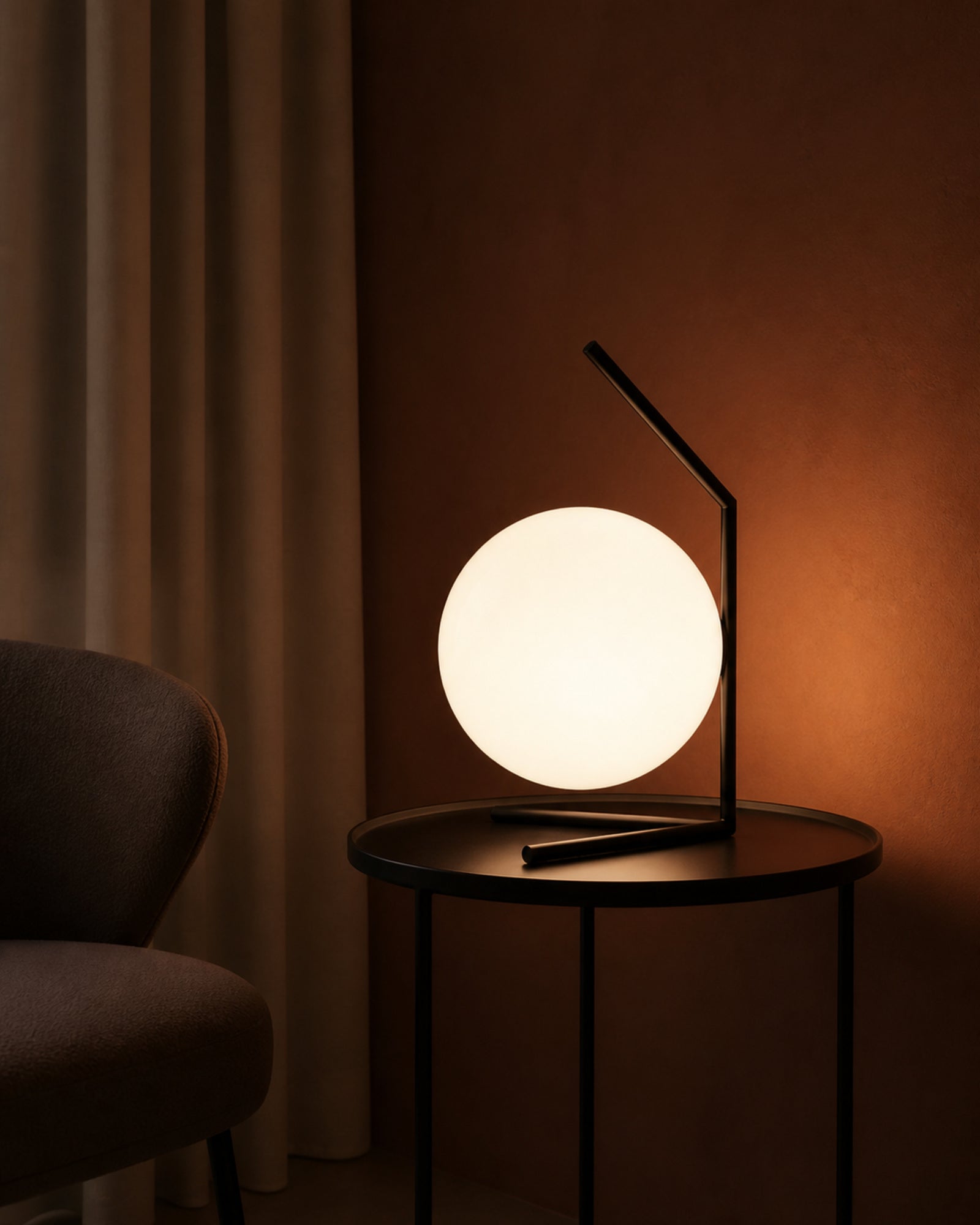 ENNA Designer Table Lamp — Angular Frame, Opal Glass Globe — Black, evening lifestyle | DecoHarmonie