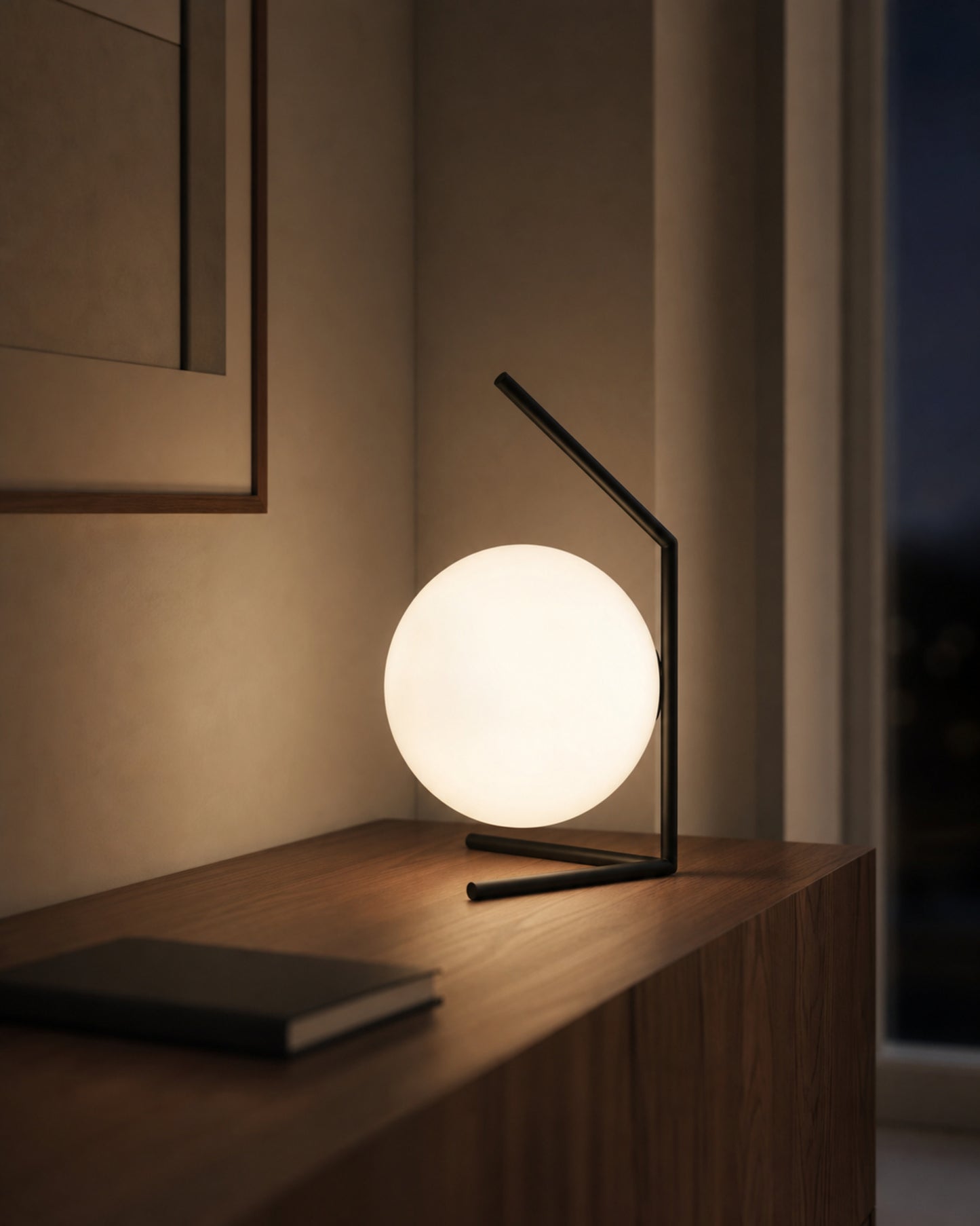 ENNA Designer Table Lamp — Angular Frame, Opal Glass Globe — Black, home office lifestyle | DecoHarmonie