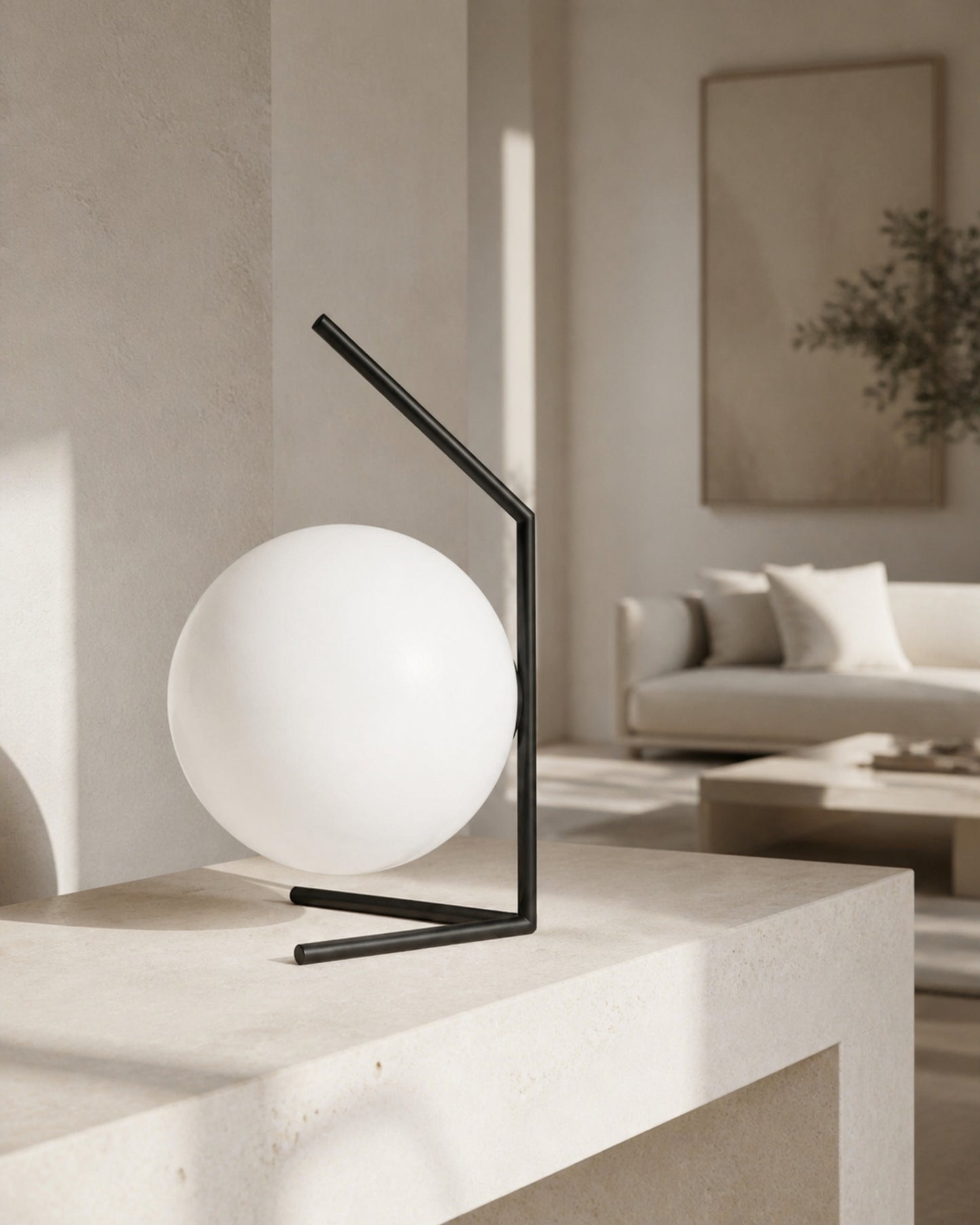 ENNA Designer Table Lamp — Angular Frame, Opal Glass Globe — Black, living room lifestyle | DecoHarmonie
