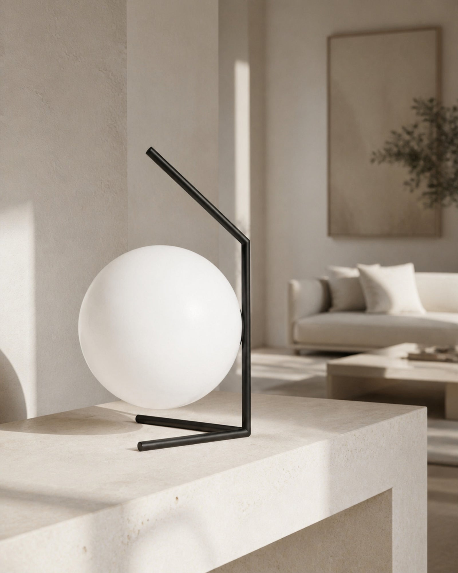 ENNA Designer Table Lamp — Angular Frame, Opal Glass Globe — Black, living room lifestyle | DecoHarmonie