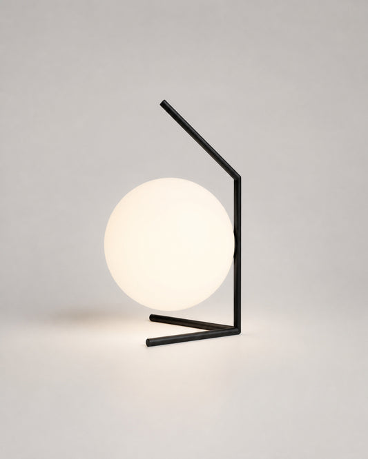 ENNA Designer Table Lamp — Angular Frame, Opal Glass Globe — Black, studio packshot on grey background | DecoHarmonie