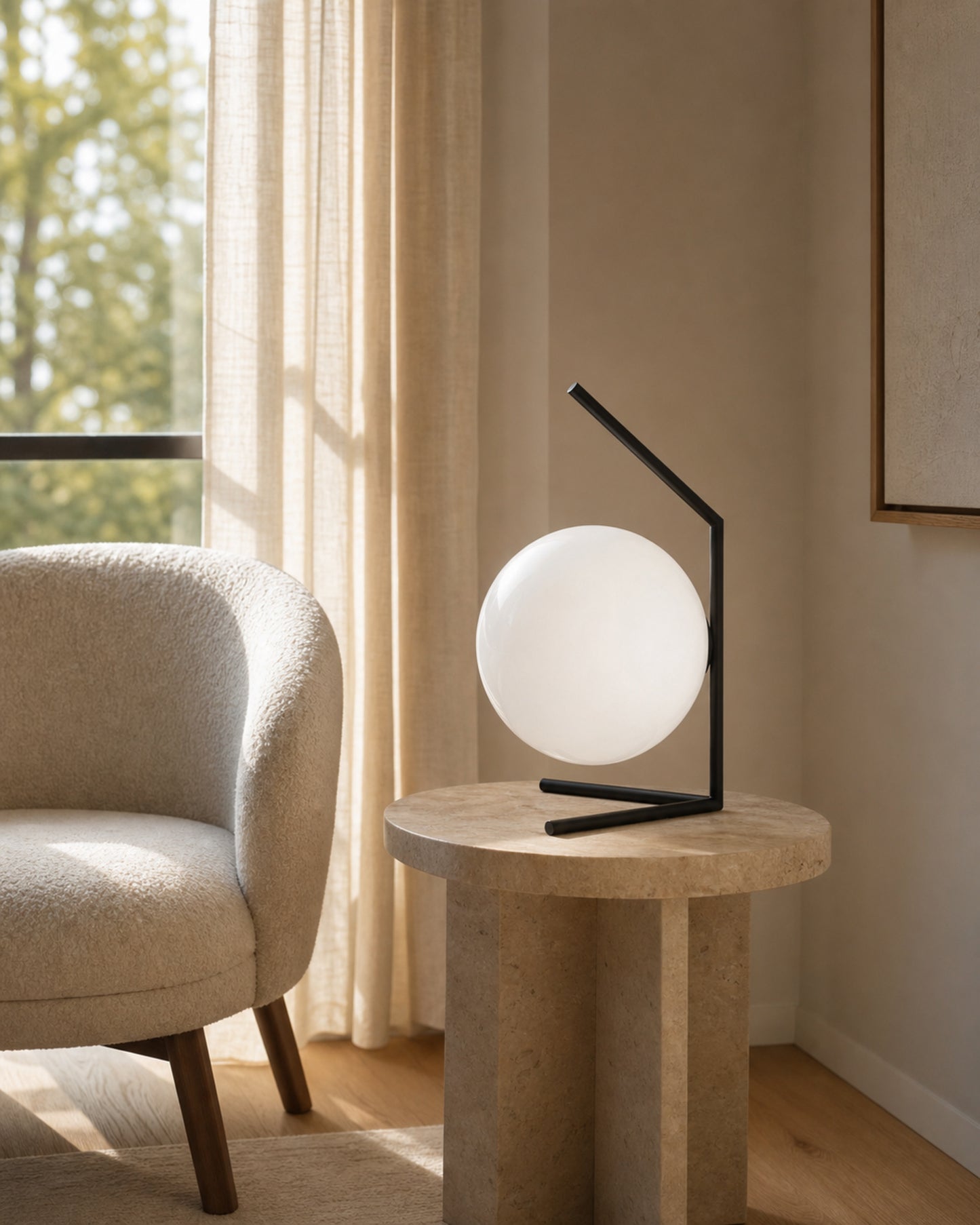 ENNA Designer Table Lamp — Angular Frame, Opal Glass Globe — Black, scale view | DecoHarmonie