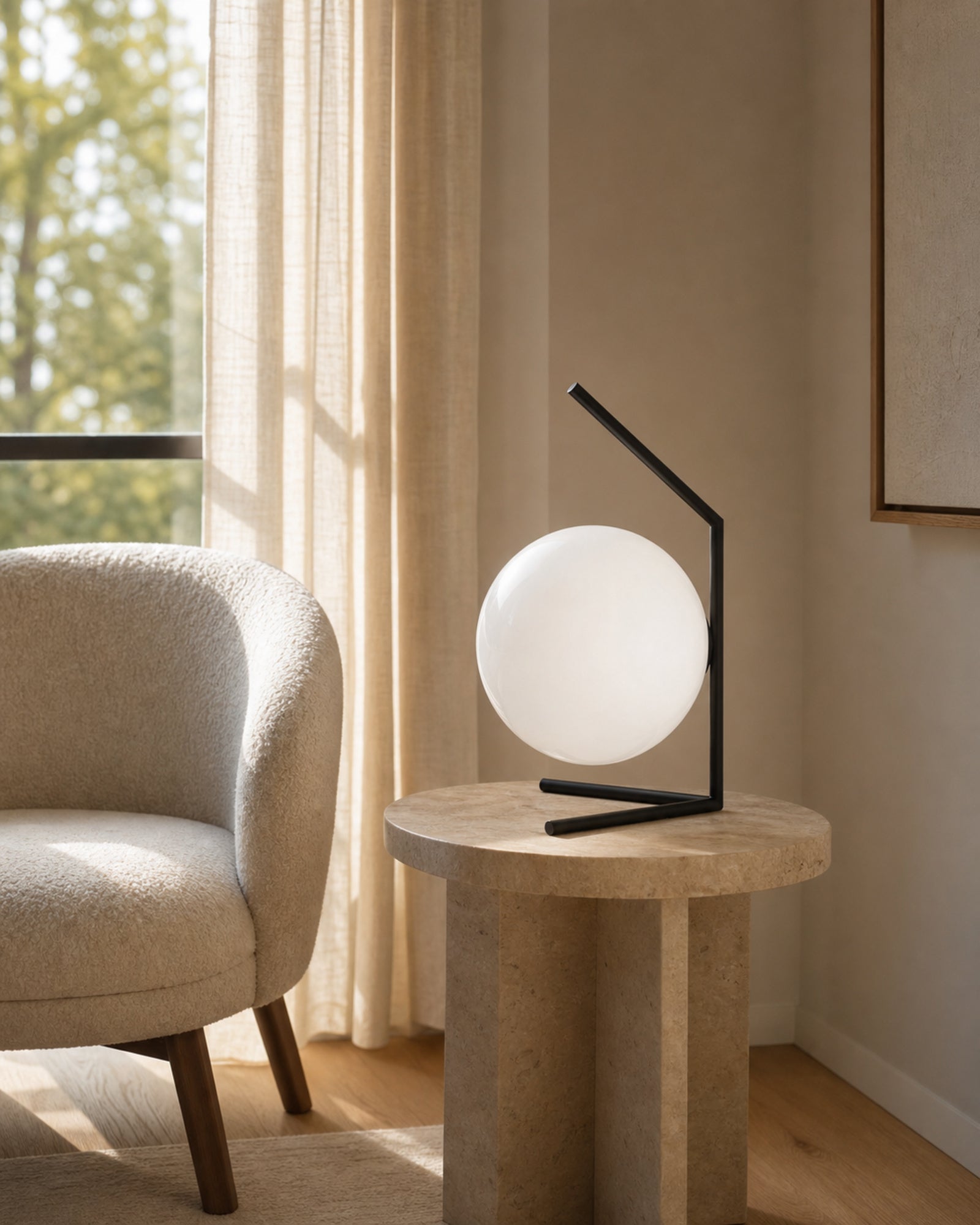 ENNA Designer Table Lamp — Angular Frame, Opal Glass Globe — Black, scale view | DecoHarmonie