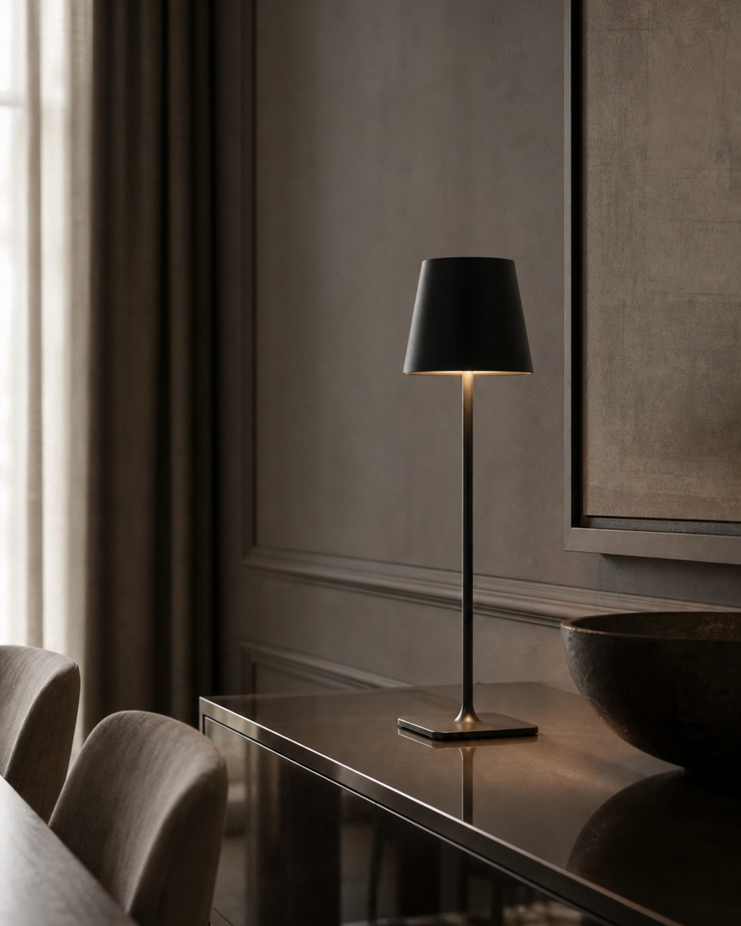 FREY Cordless Table Lamp — Minimalist Conical Shade, Portable — Black, lifestyle | DecoHarmonie