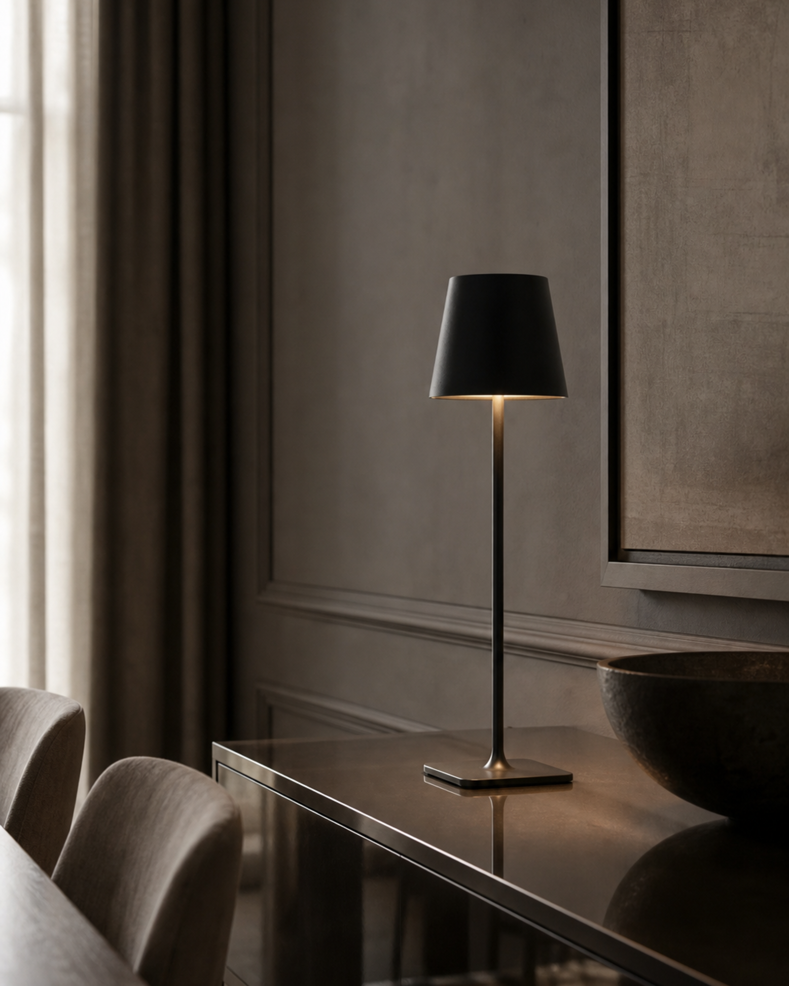 FREY Cordless Table Lamp — Minimalist Conical Shade, Portable — Black, lifestyle | DecoHarmonie