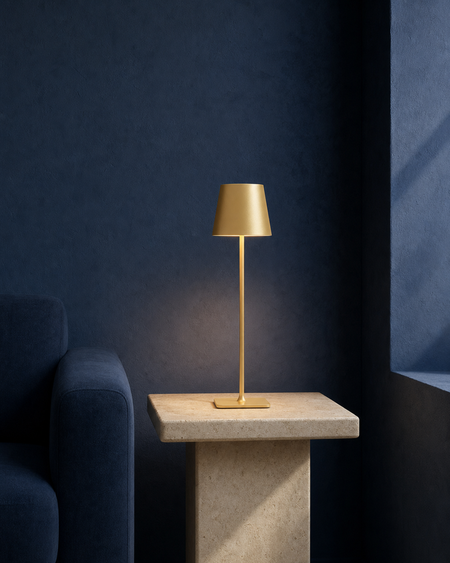 FREY Cordless Table Lamp — Minimalist Conical Shade, Portable — Gold, lifestyle | DecoHarmonie