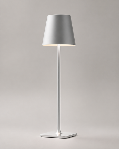 FREY Cordless Table Lamp — Minimalist Conical Shade, Portable — Silver, material detail | DecoHarmonie