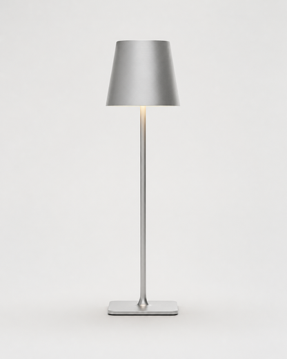 FREY Cordless Table Lamp — Minimalist Conical Shade, Portable — Silver, packshot | DecoHarmonie
