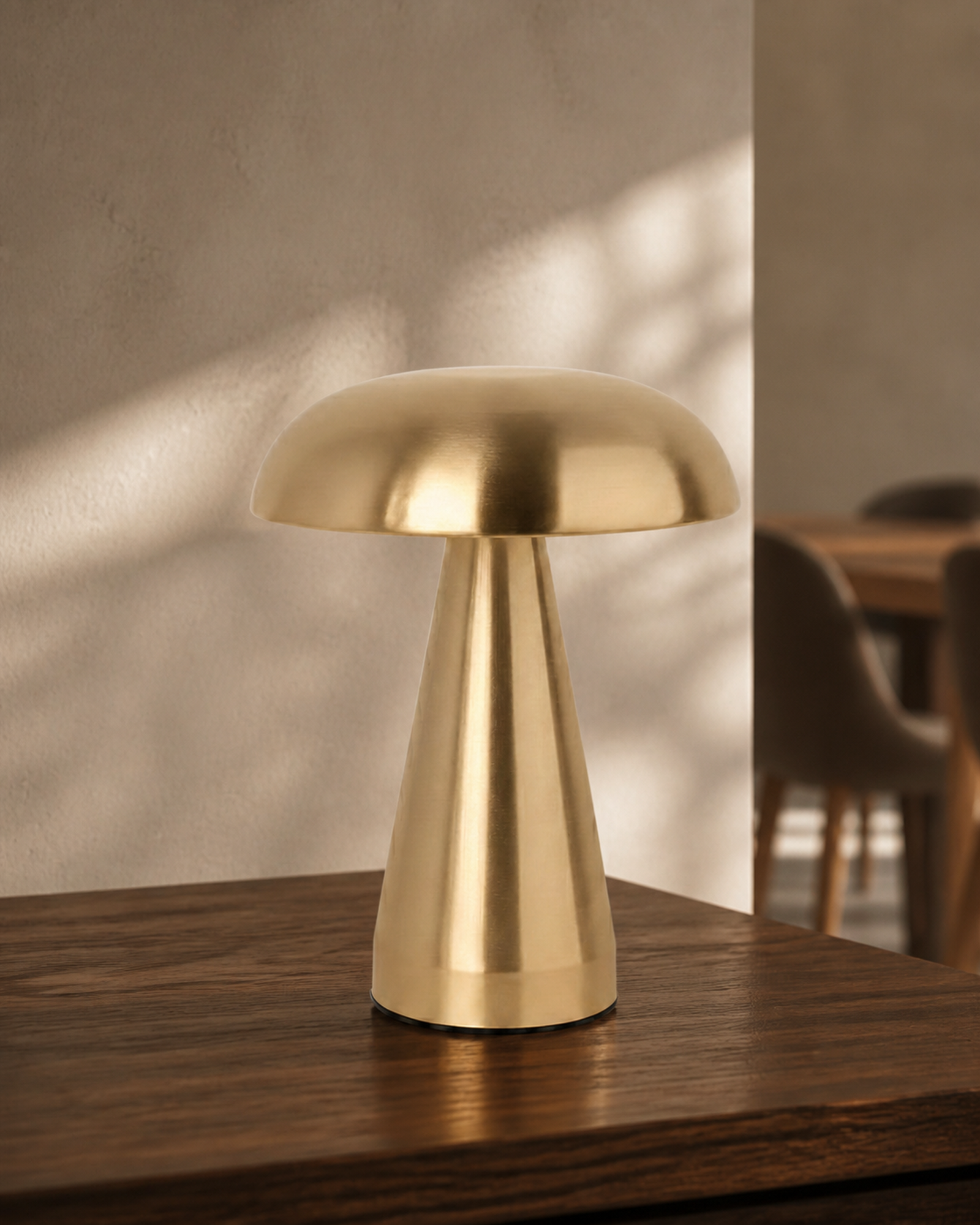 KEMI Cordless Table Lamp — Scandinavian Mushroom, USB Charging — Gold, lifestyle view, smoked oak dining room | DecoHarmonie