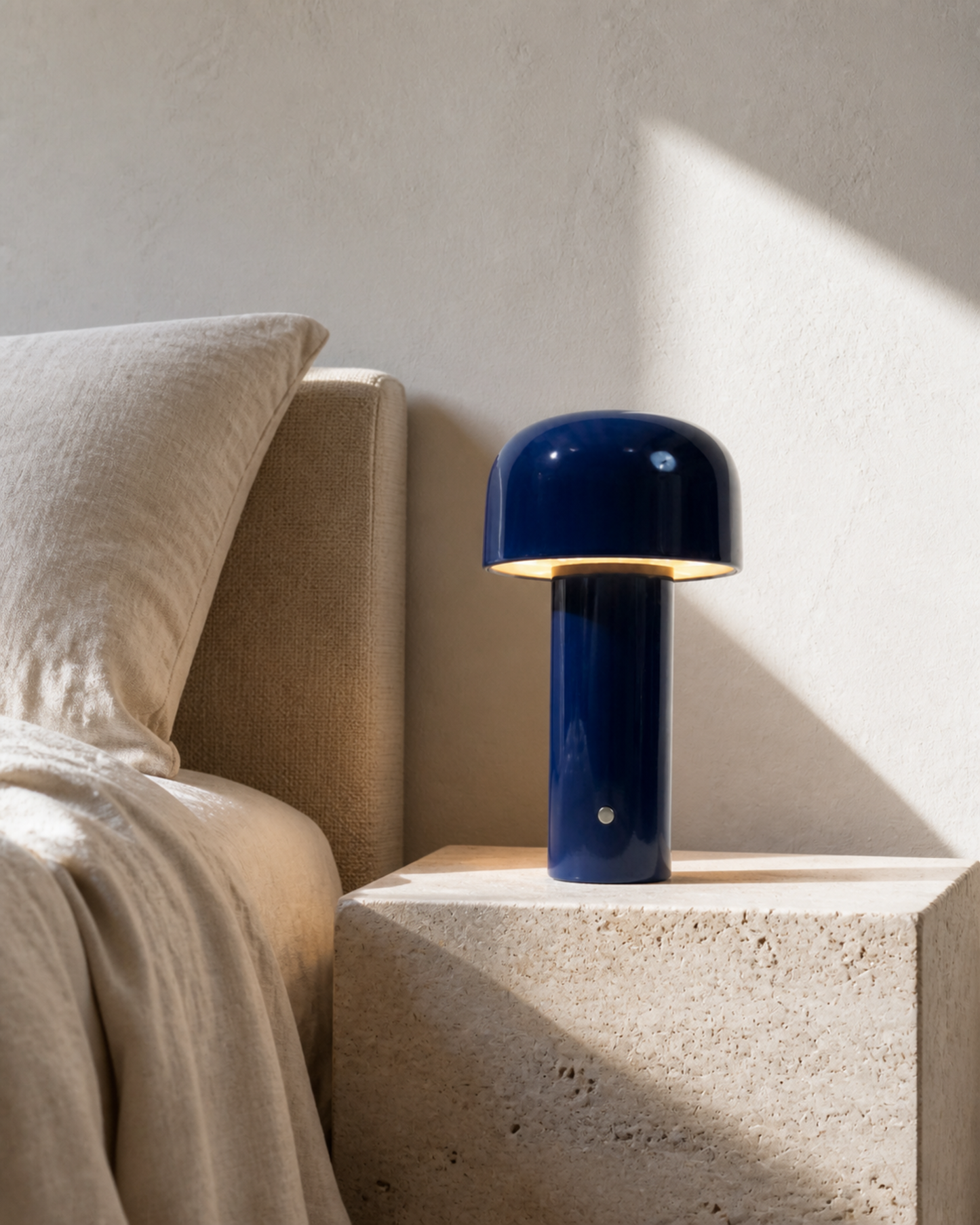 LAKO Cordless Table Lamp — Sculptural Metal, USB-C Dimmable — Blue, lifestyle view, bedside | DecoHarmonie
