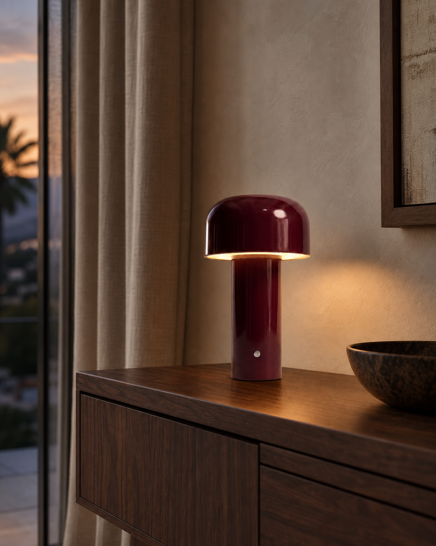 LAKO Cordless Table Lamp — Sculptural Metal, USB-C Dimmable — Burgundy, lifestyle view, sideboard | DecoHarmonie
