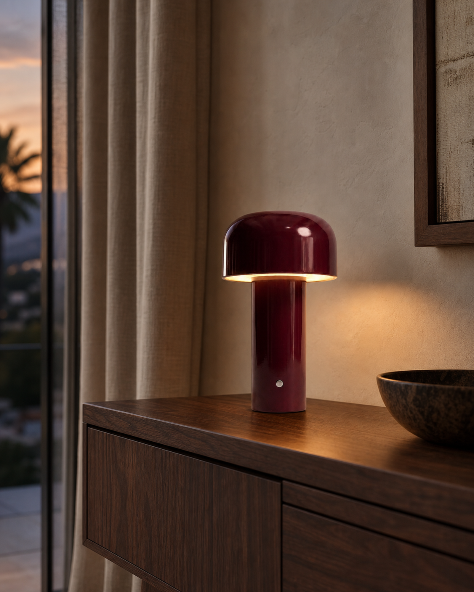 LAKO Cordless Table Lamp — Sculptural Metal, USB-C Dimmable — Burgundy, lifestyle view, sideboard | DecoHarmonie