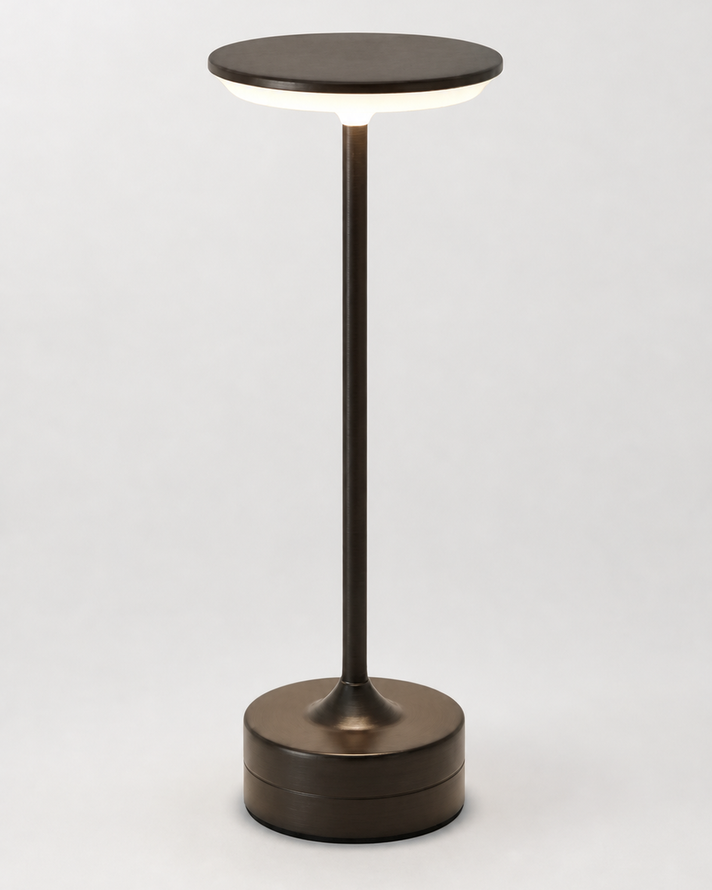 LORA Cordless Table Lamp — Metal Disc, 3-Level Touch Dimmer — Black, studio packshot on grey background | DecoHarmonie
