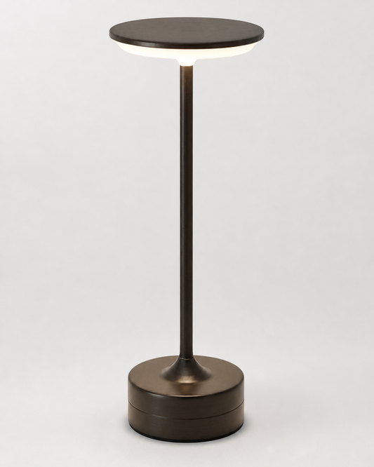 LORA Cordless Table Lamp — Metal Disc, 3-Level Touch Dimmer — Black, studio packshot on grey background | DecoHarmonie
