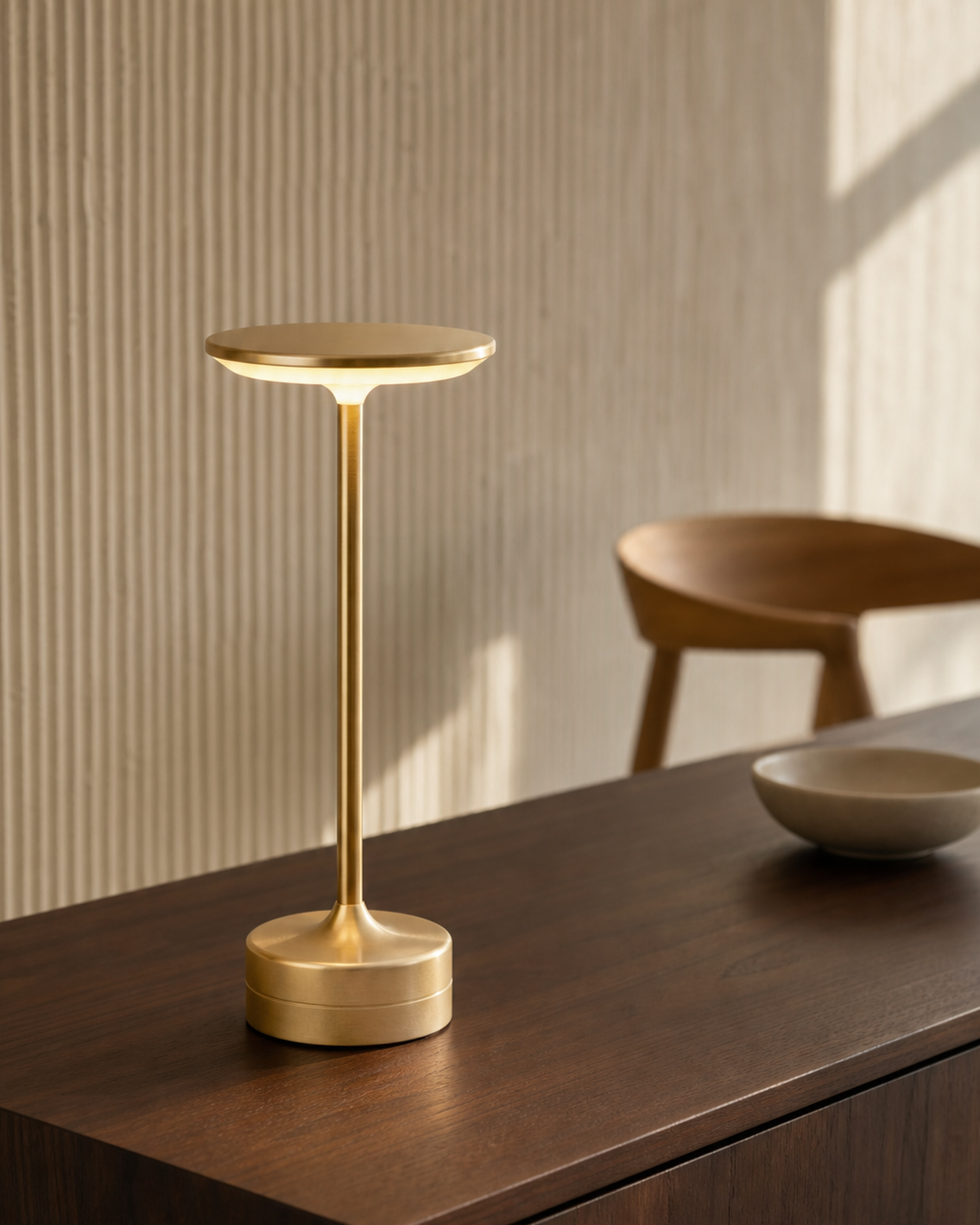 LORA Cordless Table Lamp — Metal Disc, 3-Level Touch Dimmer — Gold, lifestyle view, walnut dining room | DecoHarmonie