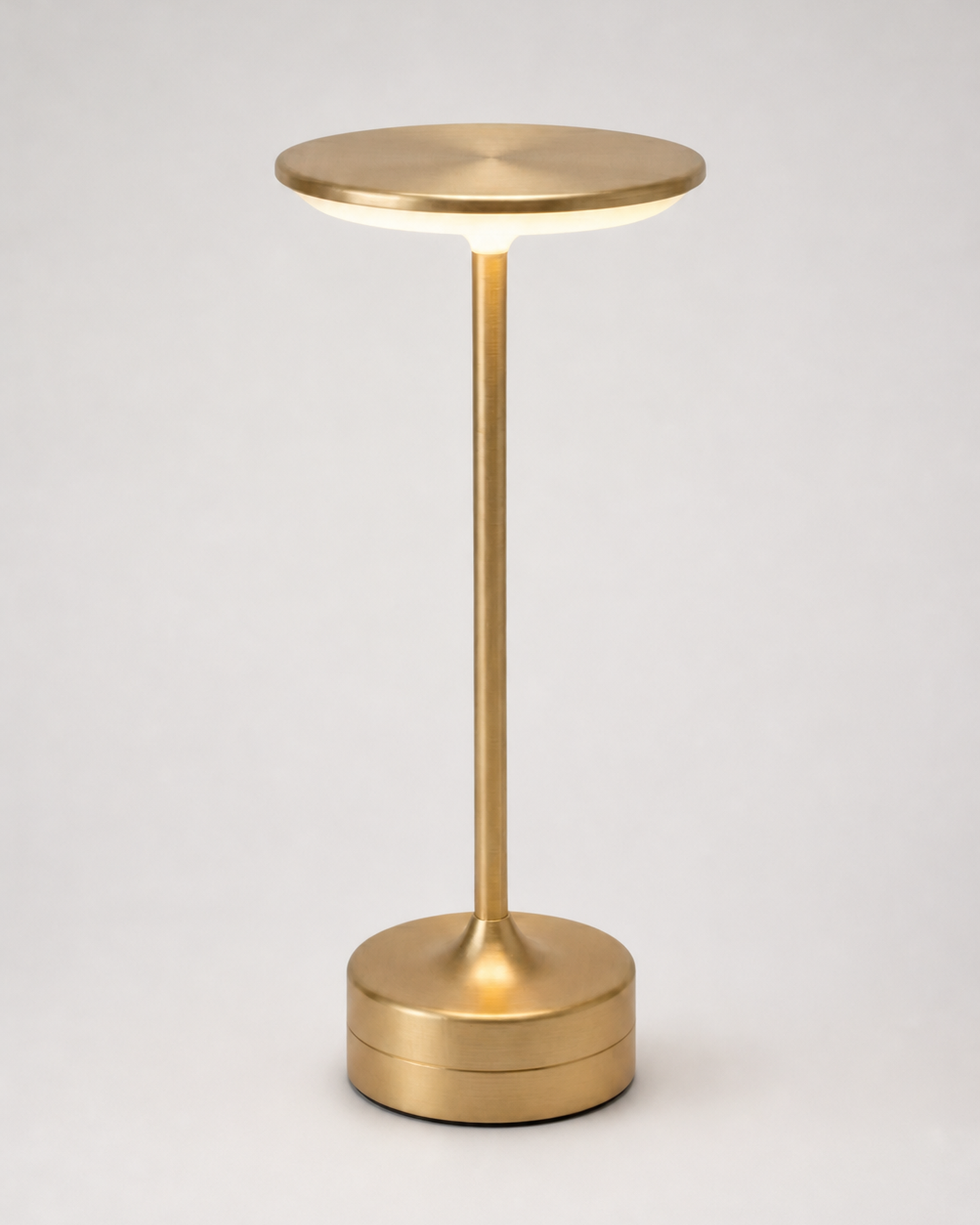 LORA Cordless Table Lamp — Metal Disc, 3-Level Touch Dimmer — Gold, studio packshot on grey background | DecoHarmonie