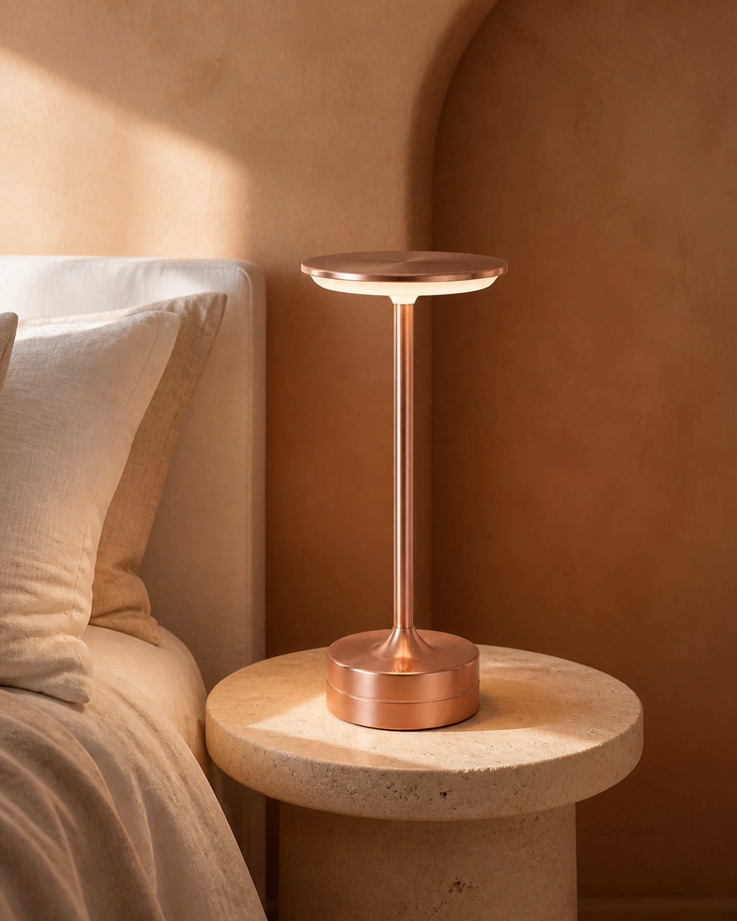 LORA Cordless Table Lamp — Metal Disc, 3-Level Touch Dimmer — Pink, lifestyle view, travertine bedroom | DecoHarmonie