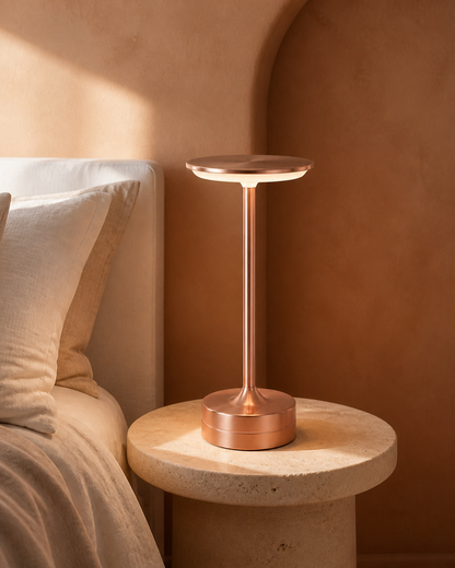 LORA Cordless Table Lamp — Metal Disc, 3-Level Touch Dimmer — Pink, lifestyle view, travertine bedroom | DecoHarmonie