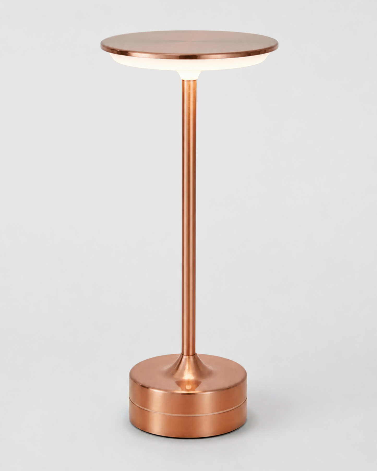LORA Cordless Table Lamp — Metal Disc, 3-Level Touch Dimmer — Pink, studio packshot on grey background | DecoHarmonie