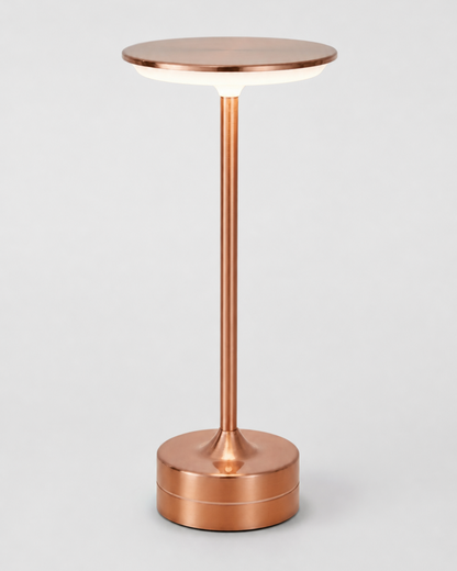 LORA Cordless Table Lamp — Metal Disc, 3-Level Touch Dimmer — Pink, studio packshot on grey background | DecoHarmonie