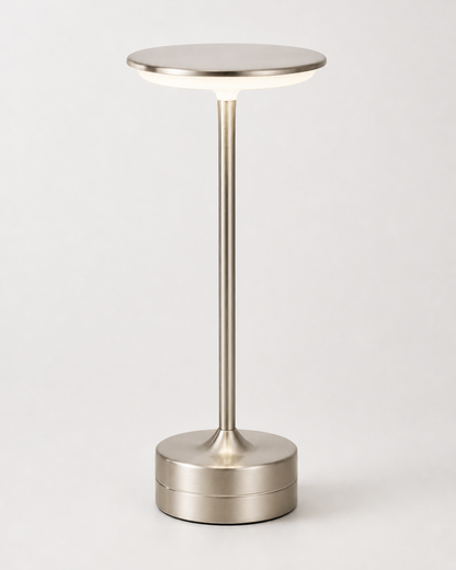 LORA Cordless Table Lamp — Metal Disc, 3-Level Touch Dimmer — Silver, studio packshot on grey background | DecoHarmonie