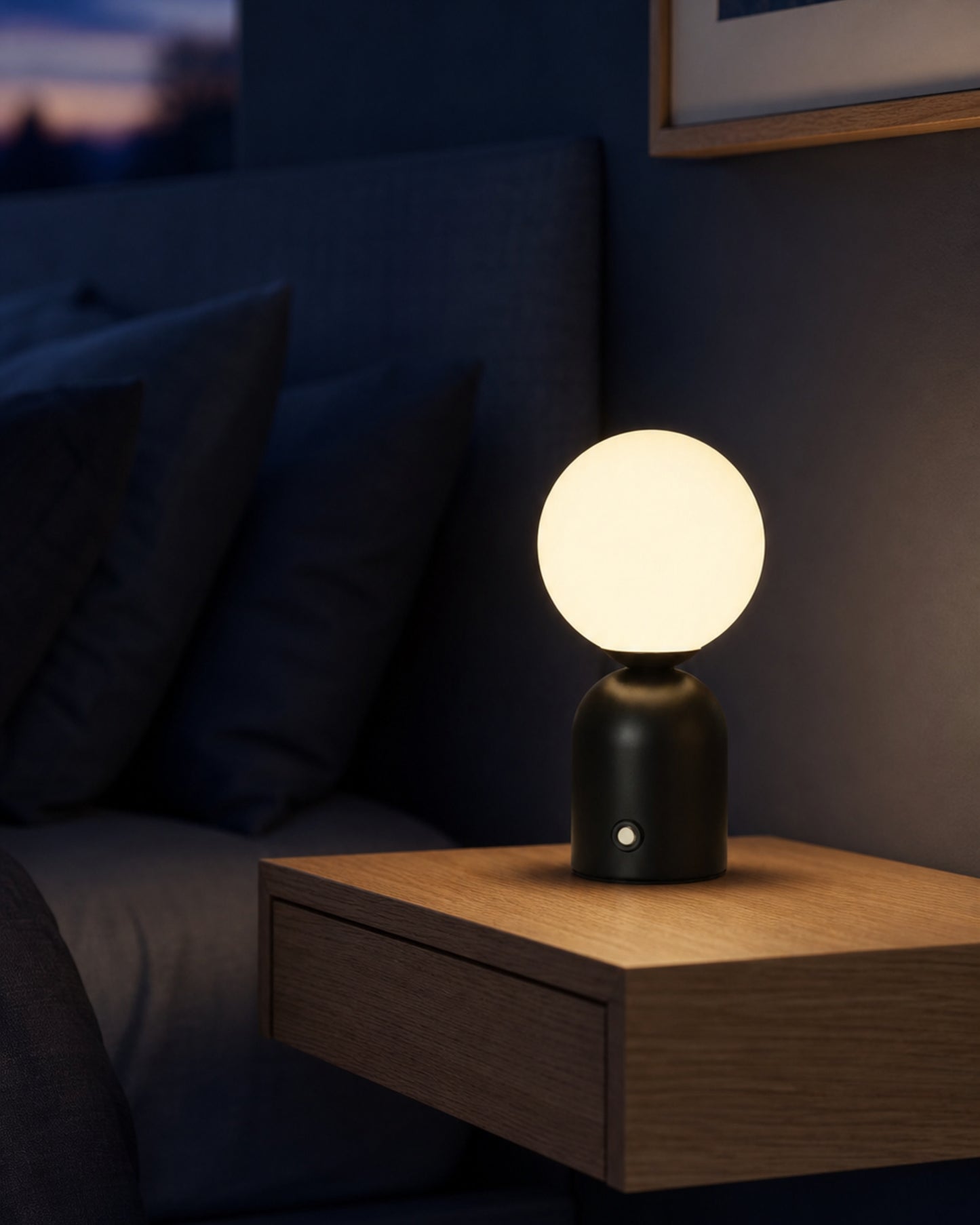 LUMI Cordless Table Lamp — Metal Globe, Tri-Colour Touch Control — Black, nightstand lifestyle | DecoHarmonie