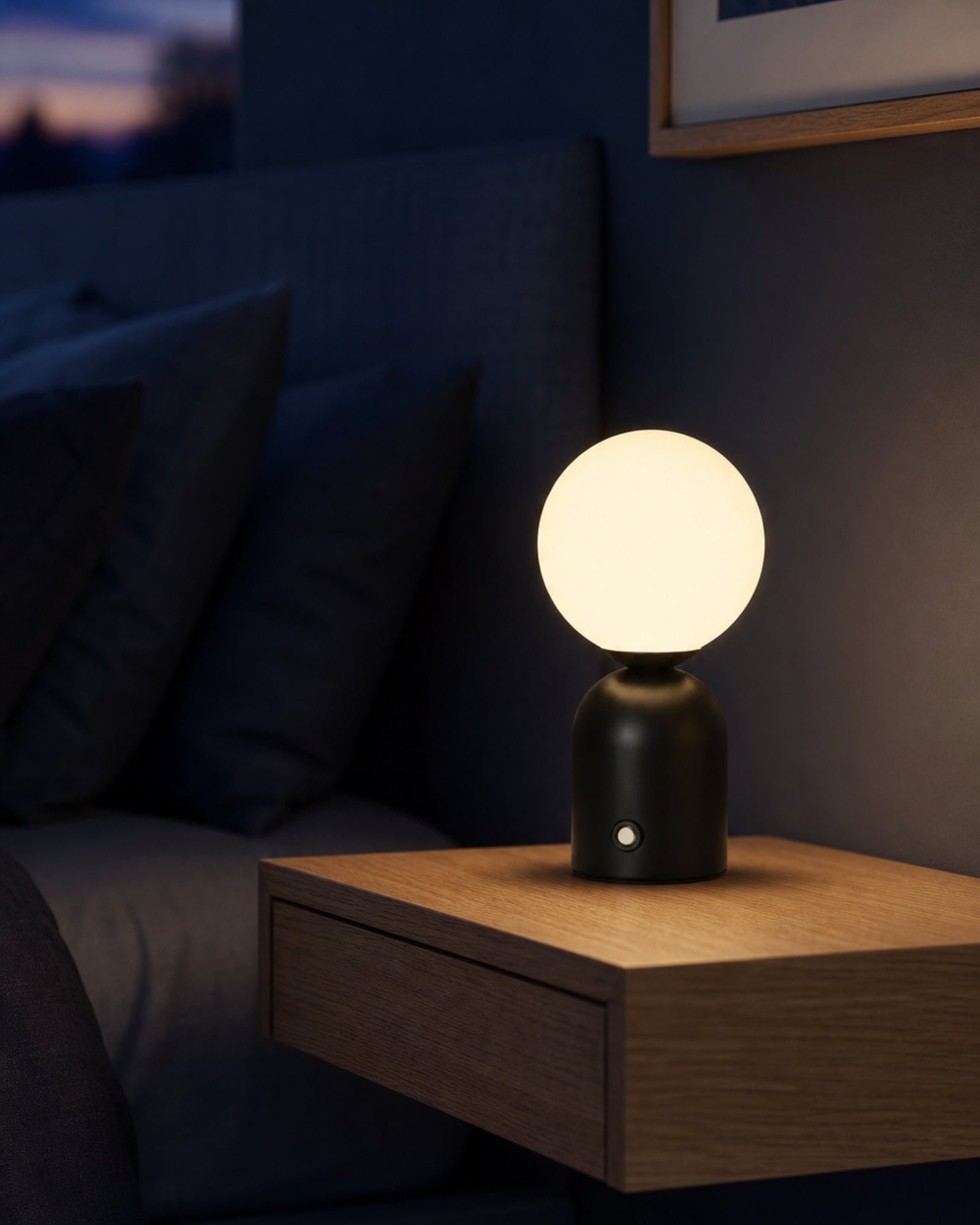LUMI Cordless Table Lamp — Metal Globe, Tri-Colour Touch Control — Black, nightstand lifestyle | DecoHarmonie