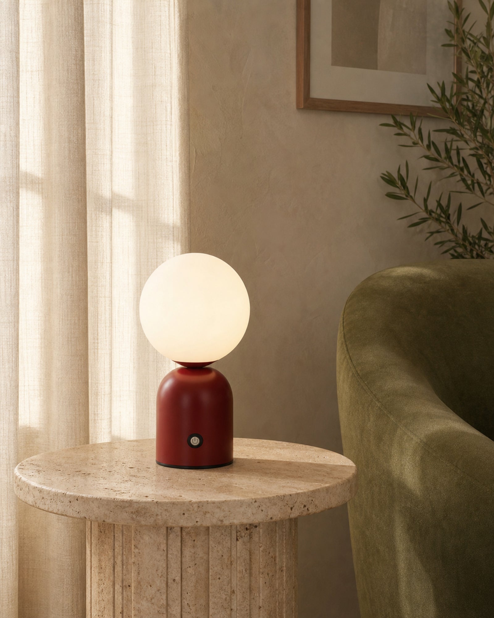 LUMI Cordless Table Lamp — Metal Globe, Tri-Colour Touch Control — Red, reading nook lifestyle | DecoHarmonie
