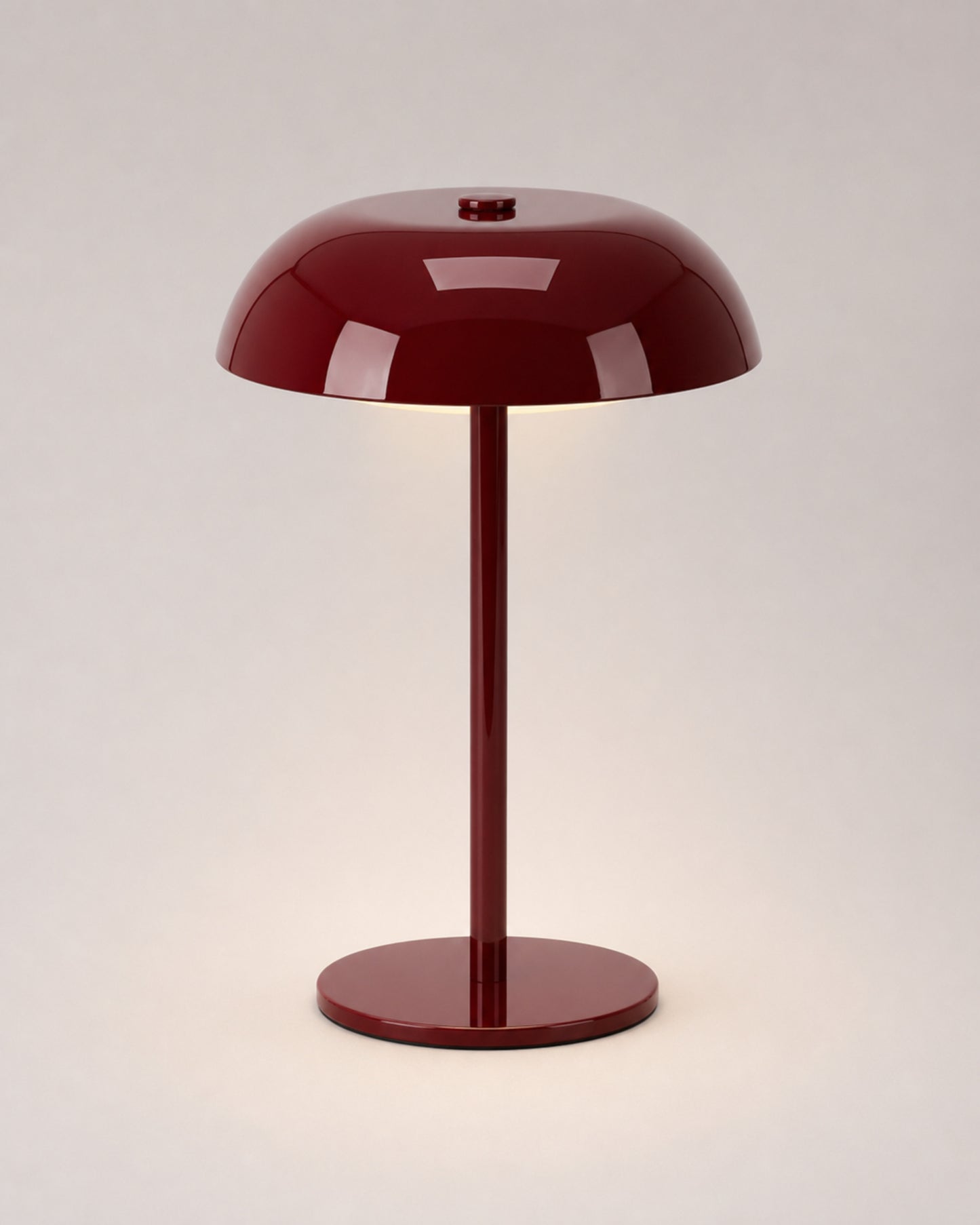 MALMO Cordless Mushroom Table Lamp — Metallic Finish, Touch Dimmable — Burgundy, studio packshot on grey background | DecoHarmonie