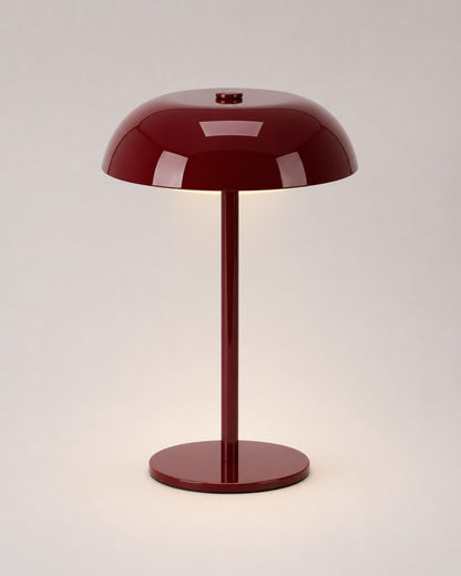 MALMO Cordless Mushroom Table Lamp — Metallic Finish, Touch Dimmable — Burgundy, studio packshot on grey background | DecoHarmonie