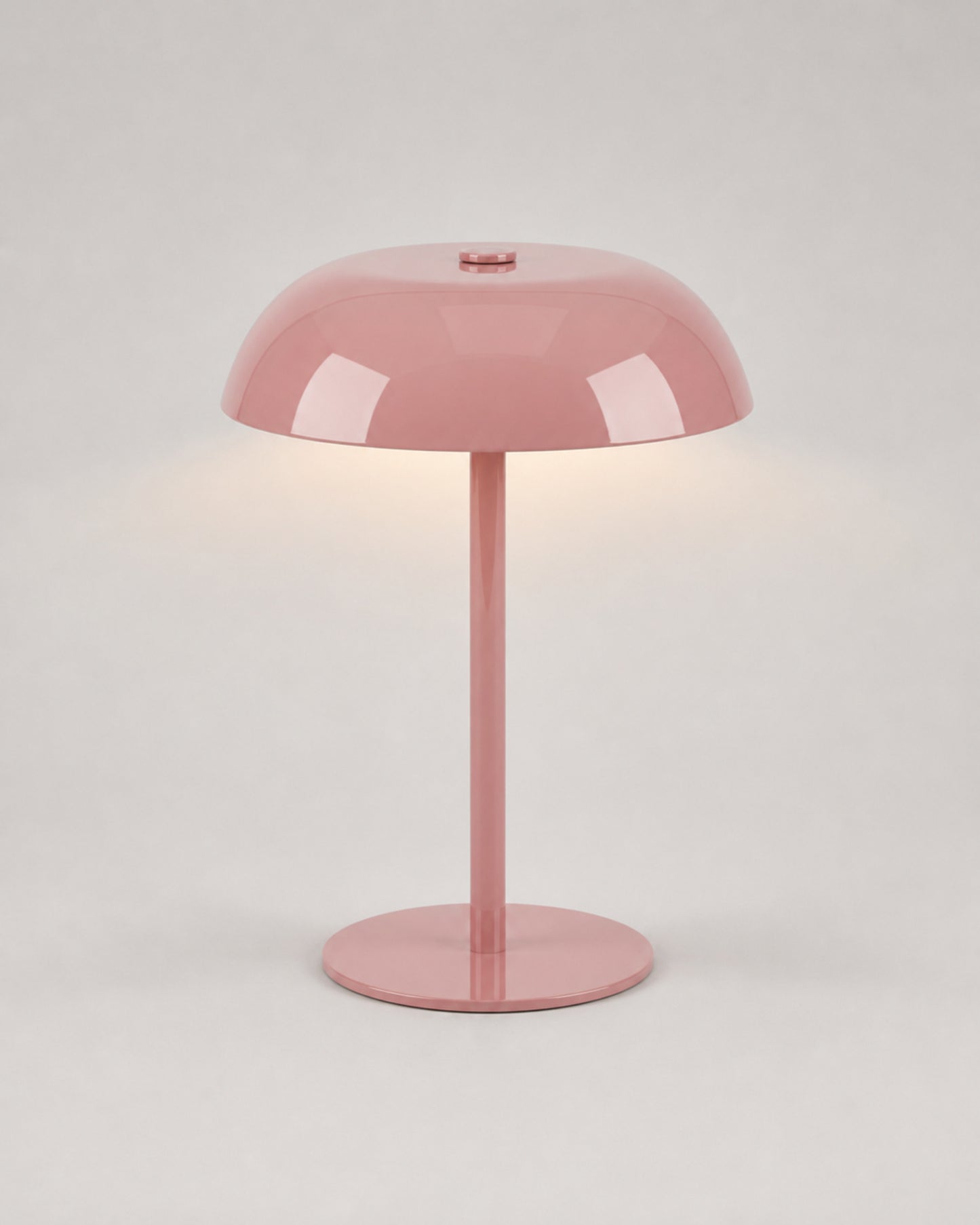MALMO Cordless Mushroom Table Lamp — Metallic Finish, Touch Dimmable — Pink, studio packshot on grey background | DecoHarmonie