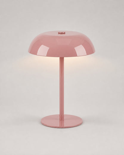 MALMO Cordless Mushroom Table Lamp — Metallic Finish, Touch Dimmable — Pink, studio packshot on grey background | DecoHarmonie