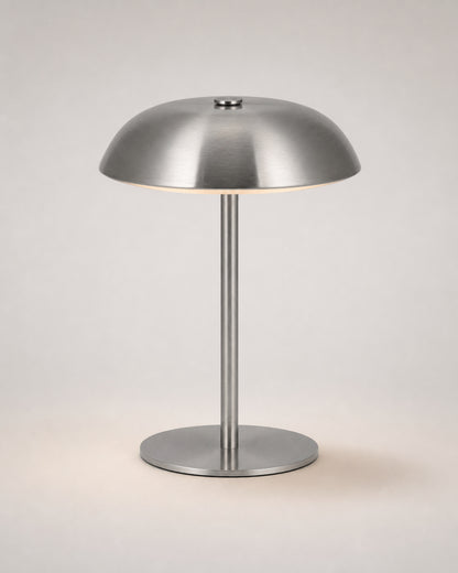 MALMO Cordless Mushroom Table Lamp — Metallic Finish, Touch Dimmable — Silver, studio packshot on grey background | DecoHarmonie