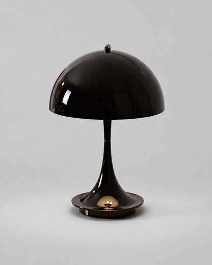 MIDO Cordless Table Lamp — Space Age Mushroom, Touch Control — Black, studio packshot on grey background | DecoHarmonie