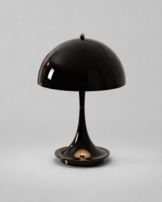 MIDO Cordless Table Lamp — Space Age Mushroom, Touch Control — Black, studio packshot on grey background | DecoHarmonie