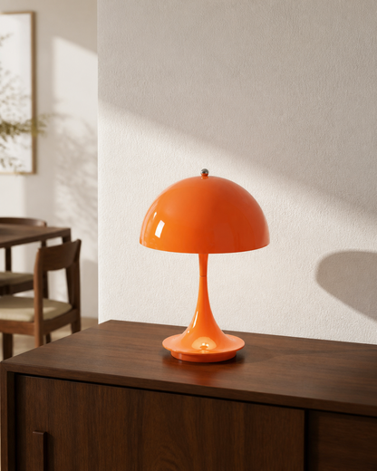 MIDO Cordless Table Lamp — Space Age Mushroom, Touch Control — Orange, lifestyle view, walnut dining room | DecoHarmonie