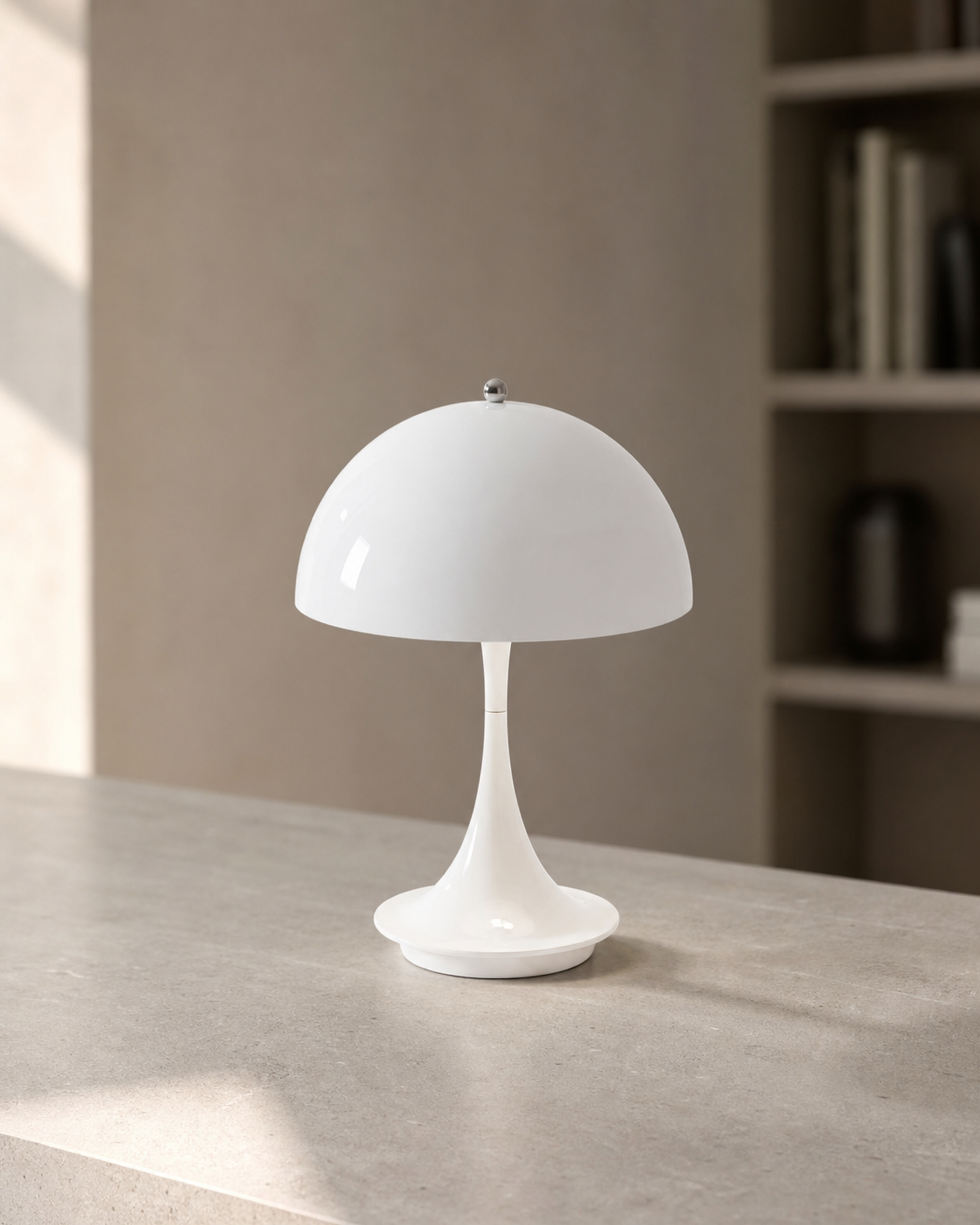 MIDO Cordless Table Lamp — Space Age Mushroom, Touch Control — White, lifestyle view, stone office | DecoHarmonie