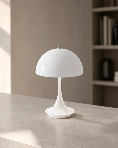 MIDO Cordless Table Lamp — Space Age Mushroom, Touch Control — White, lifestyle view, stone office | DecoHarmonie