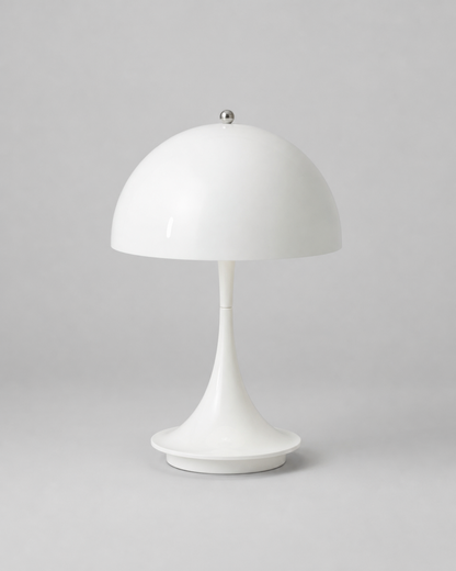 MIDO Cordless Table Lamp — Space Age Mushroom, Touch Control — White, studio packshot on grey background | DecoHarmonie