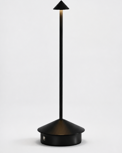 MIRO Cordless Table Lamp — Brushed Aluminium Cone, Touch Dimmer — Black, packshot | DecoHarmonie