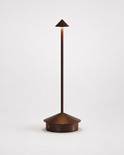 MIRO Cordless Table Lamp — Brushed Aluminium Cone, Touch Dimmer — Brown, packshot | DecoHarmonie