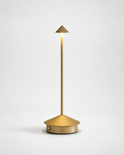 MIRO Cordless Table Lamp — Brushed Aluminium Cone, Touch Dimmer — Gold, packshot | DecoHarmonie