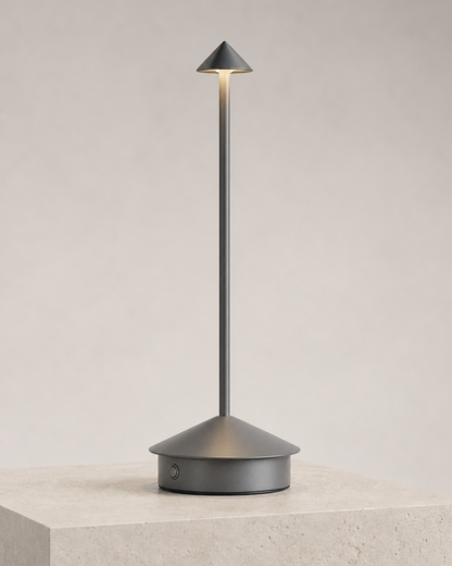 MIRO Cordless Table Lamp — Brushed Aluminium Cone, Touch Dimmer — Grey, material detail | DecoHarmonie