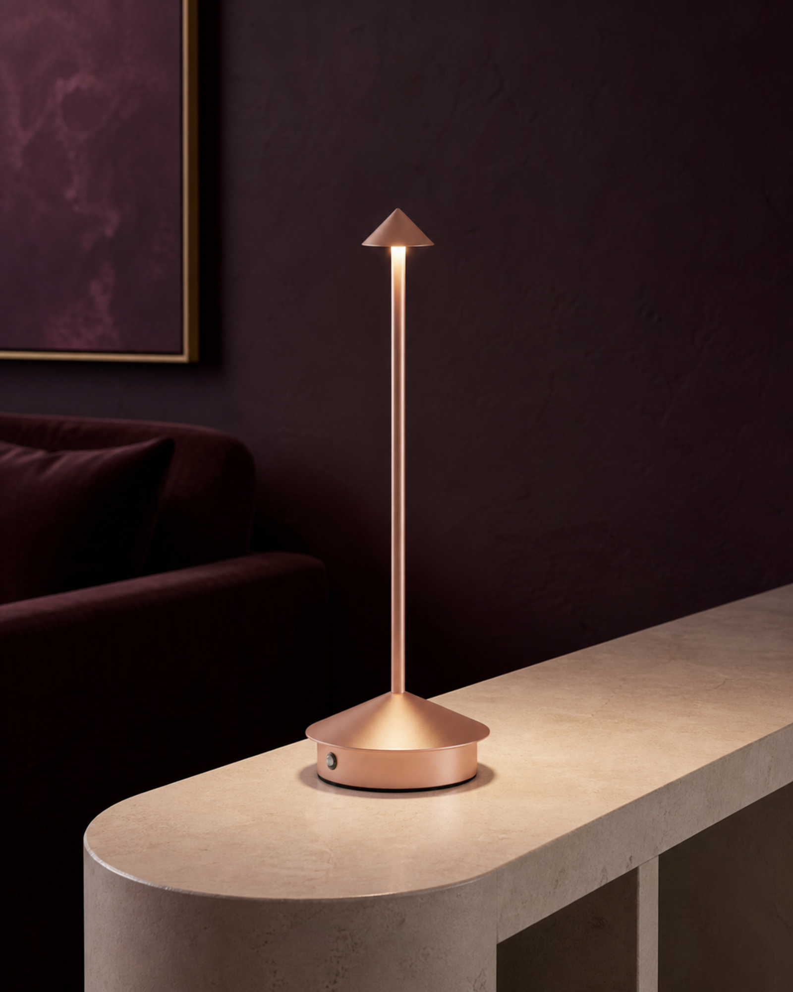 MIRO Cordless Table Lamp — Brushed Aluminium Cone, Touch Dimmer — Rose Gold, lifestyle | DecoHarmonie