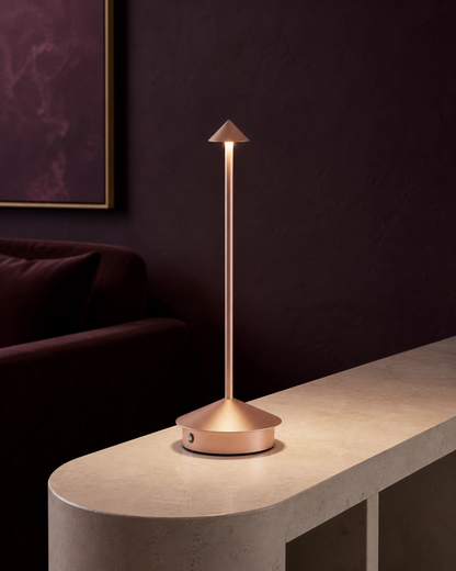 MIRO Cordless Table Lamp — Brushed Aluminium Cone, Touch Dimmer — Rose Gold, lifestyle | DecoHarmonie
