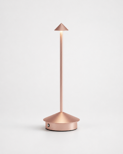 MIRO Cordless Table Lamp — Brushed Aluminium Cone, Touch Dimmer — Rose Gold, packshot | DecoHarmonie
