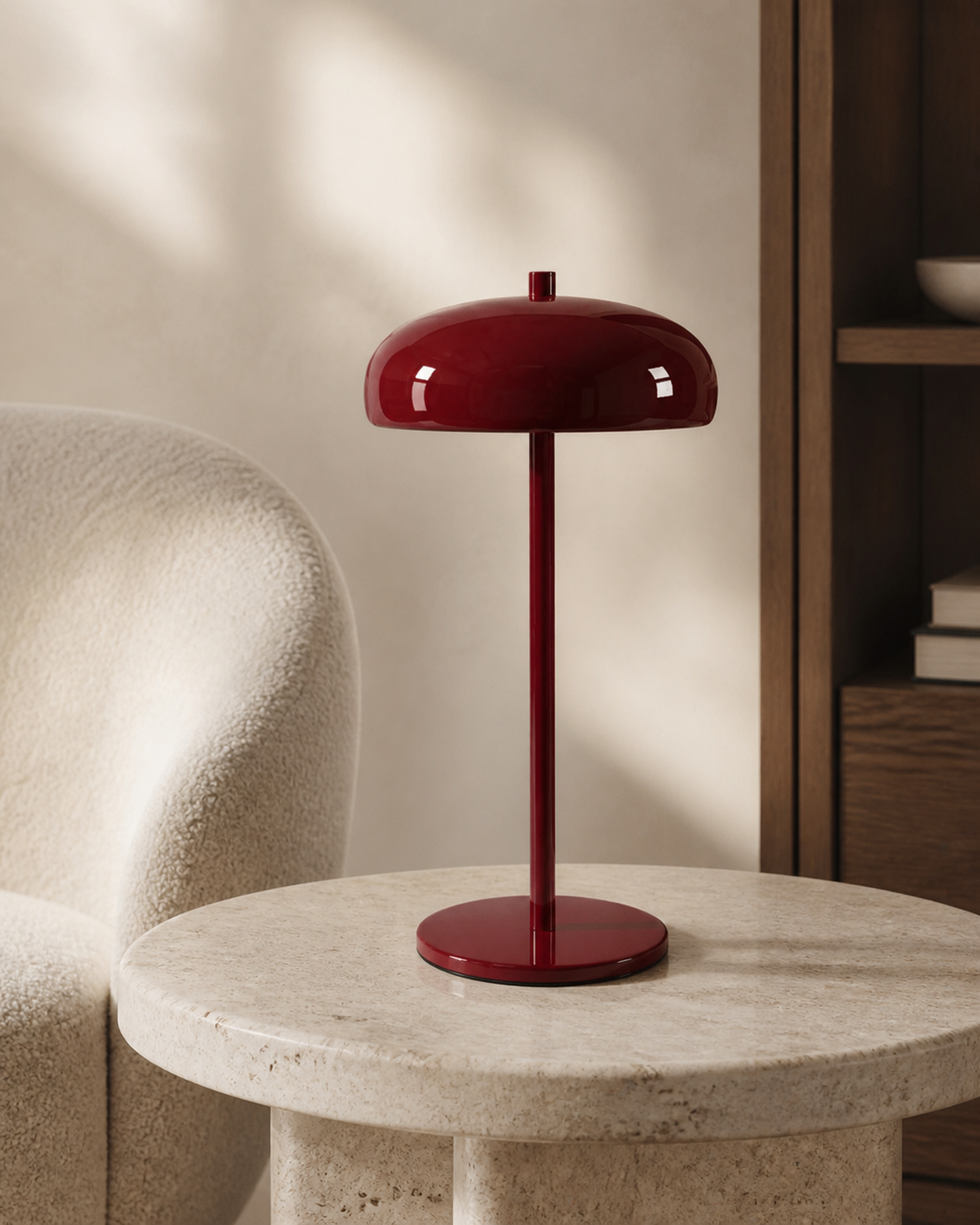NARI Cordless Table Lamp — Mushroom Dome, Rechargeable LED — Red, lifestyle view, stone reading room | DecoHarmonie
