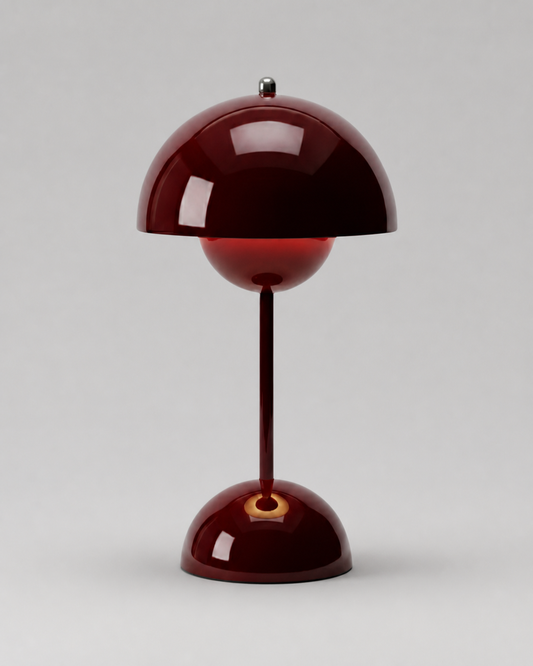 ODEN Cordless Mushroom Table Lamp — USB Rechargeable, Many Colours — Burgundy, studio packshot on grey background | DecoHarmonie