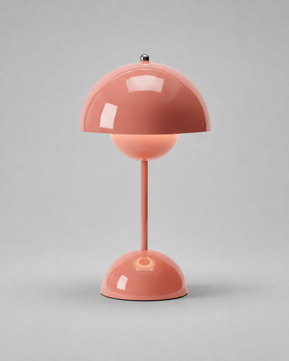 ODEN Cordless Mushroom Table Lamp — USB Rechargeable, Many Colours — Pink, studio packshot on grey background | DecoHarmonie