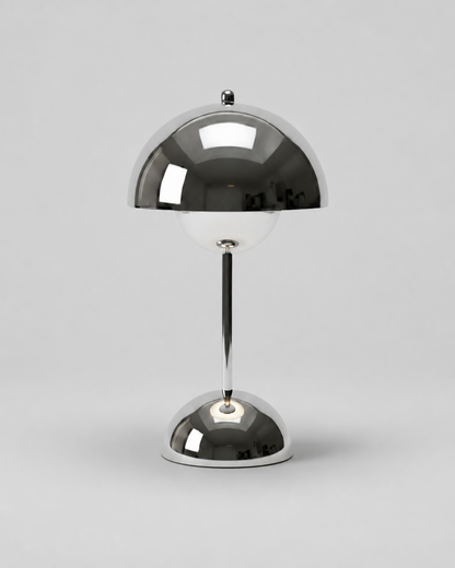 ODEN Cordless Mushroom Table Lamp — USB Rechargeable, Many Colours — Silver, studio packshot on grey background | DecoHarmonie